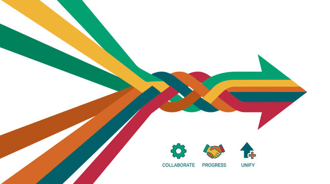 Braided colorful lines merging into a single large arrow with business icons on white background, concept for strategic partnership, team synergy and corporate business growth