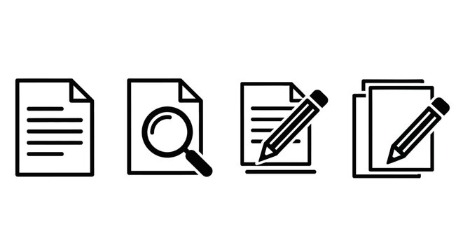 Collection of icons representing document analysis, writing, and data investigation for business and education purposes