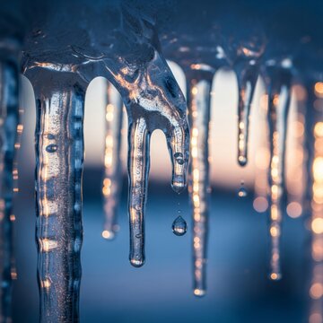 Frozen Icicles with Water Droplets Reflecting Sunlight In Winter Day