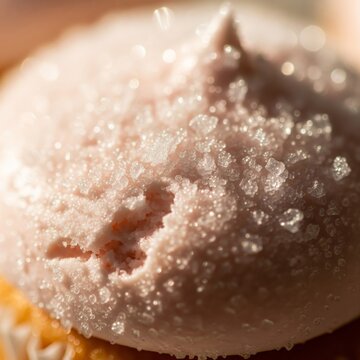 Close Up of Pink Frosted Cupcake with Sugar Crystals Detail
