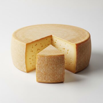 Whole Cheese Wheel with Triangle Cutout on White Backdrop