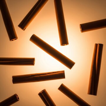 Scattered Cinnamon Sticks on Gradient Orange Background Warm Tones