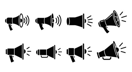 Set of eight black and white megaphone icons representing communication, announcement, and alert signals © HUANG