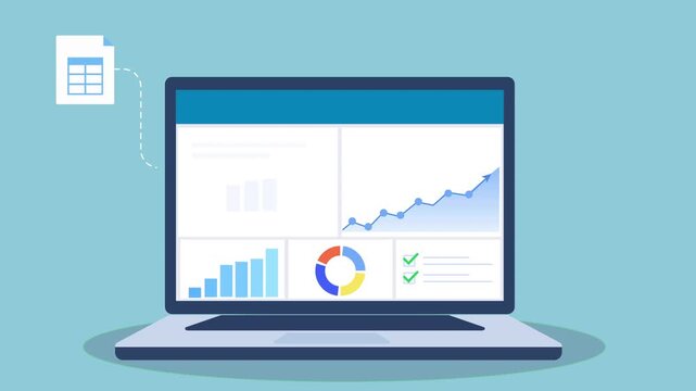 Flat animation of a laptop displaying analytics dashboard with data imported from spreadsheet file, illustrating data processing, business insights, and performance monitoring.