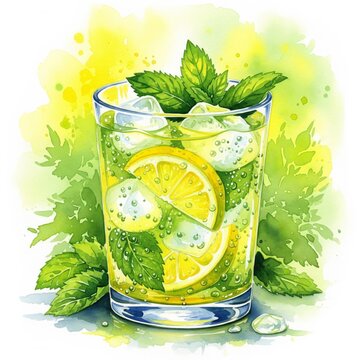 Lemonade Illustration with Ice Cubes and Mint Leaves