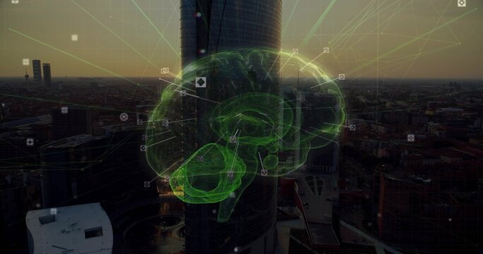 Projecting neon brain hologram floating before cylinder tower over dusk city skyline linking nodes