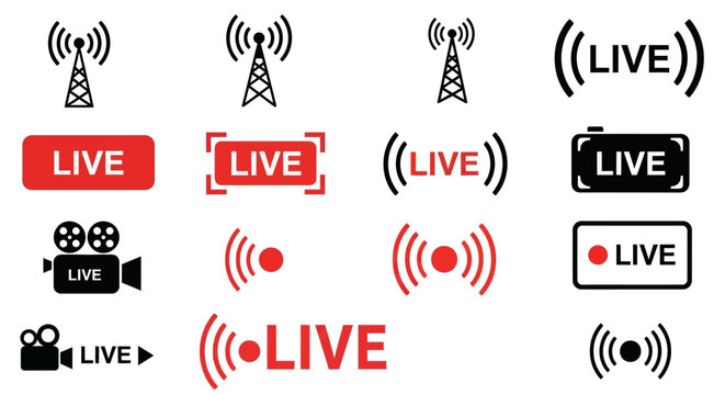 Set of live broadcast icons and symbols for streaming, video, and connectivity, featuring broadcasting towers, cameras, and signal waves