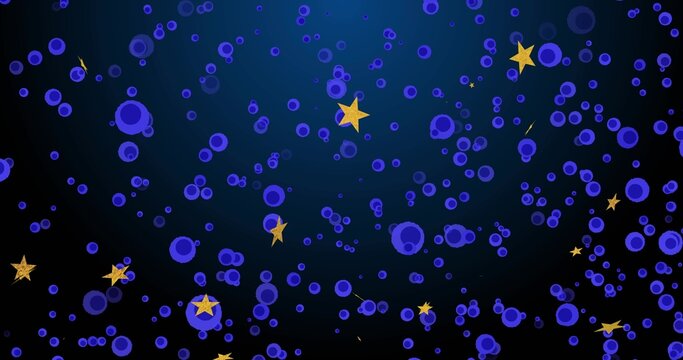 Showing cosmic art with blue-purple rings and dots over navy gradient with gold stars and sparks