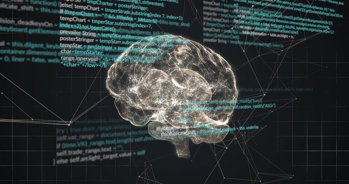 Floating translucent 3D brain hologram pulsing neural pathways and nodes in virtual grid, with code