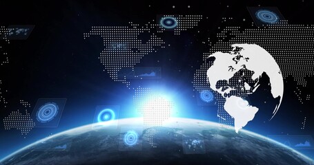 Fototapeta premium Showing curved Earth horizon with bright flare in space, with HUD panels and white Americas globe