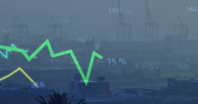 Overlaying green-yellow chart dominating maritime port, showing cranes, stacks, ship, palm and 75%