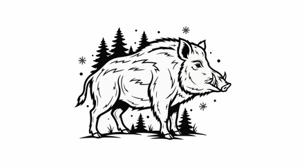 Fototapeta premium Stylized wild boar with pine trees and snowflakes, black and white graphic