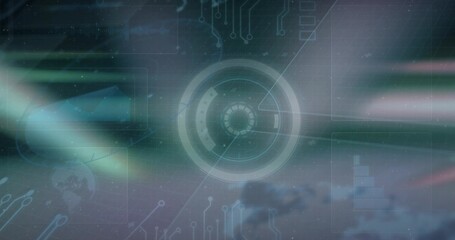Obraz premium Rotating central circular HUD projecting soft glow over cloud-like backdrop, with circuit traces