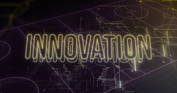 Glowing word INNOVATION dominating digital graphic, featuring schematic overlays and light streaks