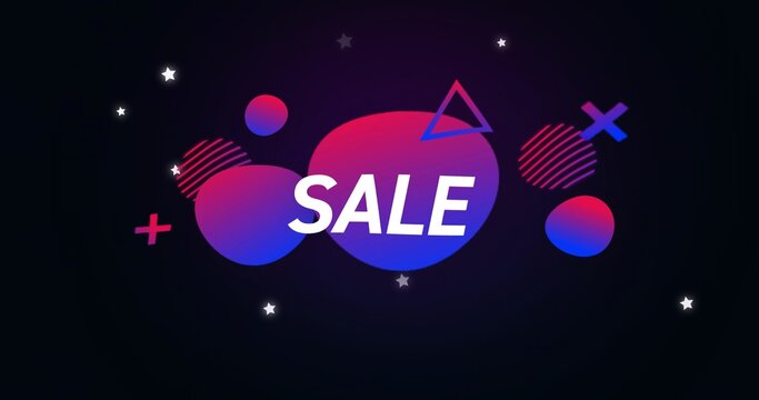 Showing central gradient blob featuring SALE on dark banner, with shapes and white stars