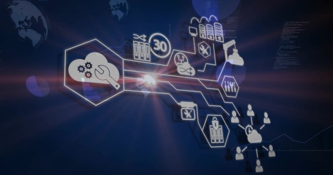 Glowing IT network connecting on dashboard, showing cloud-wrench hexagon, padlock, user nodes