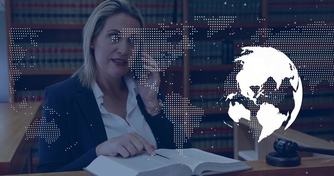 Consulting woman in navy blazer reading book at law library, holding phone, gavel, map overlay