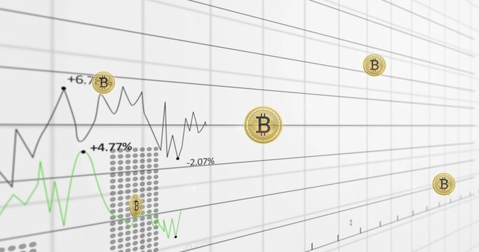 Displaying Bitcoin chart on white dashboard grid showing black jagged line, green trend, gold coins