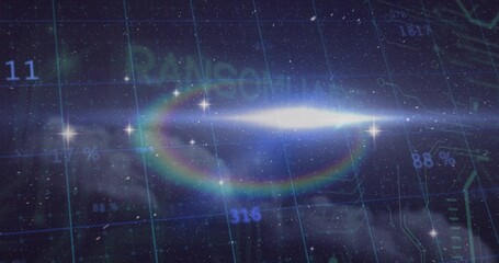 Displaying luminous elongated core glowing in cosmic HUD with rainbow halo, grid, numeric overlays © vectorfusionart