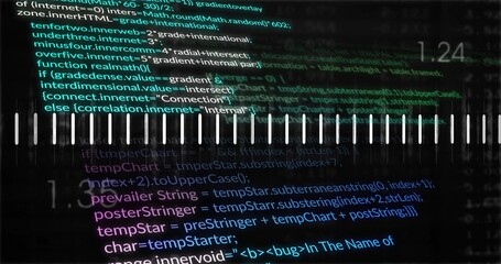 Naklejka premium Displaying centered source code with equalizer bars on dark digital display, showing 1