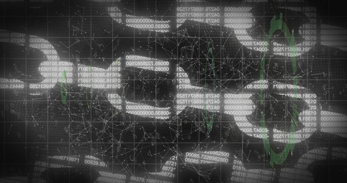 Displaying interlocking chain link graphic over dark tech dashboard, showing code panels and nodes