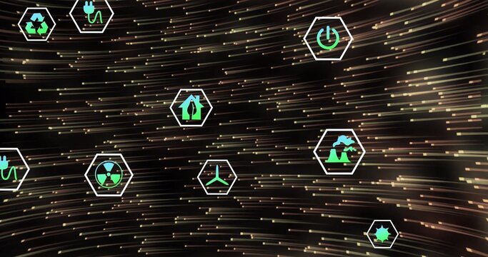 Animating hex eco icons floating across dark digital dash, with recycling, plug, power icons