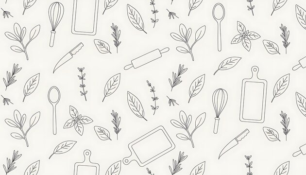 Rustic Kitchen Tools and Fresh Herbs Pattern