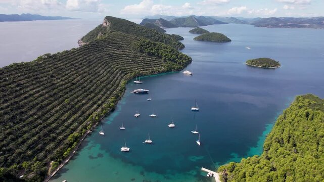 Aerial view of islands with green vegetation along the turquoise sea, dotted with white boats creating a striking contrast, Elaphiti islands, Dalmatian Coast, Dubrovnik-Neretva County, Croatia.
