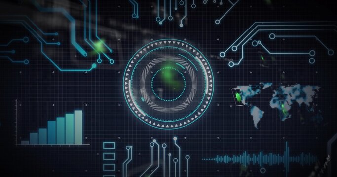 Displaying central HUD projecting on dark grid, with circuit traces, bar chart, world map