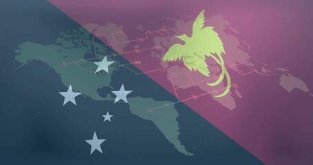 Fototapeta premium Showing diagonal teal-purple split with Americas map, five pale stars, lime palm-tree emblem, nodes