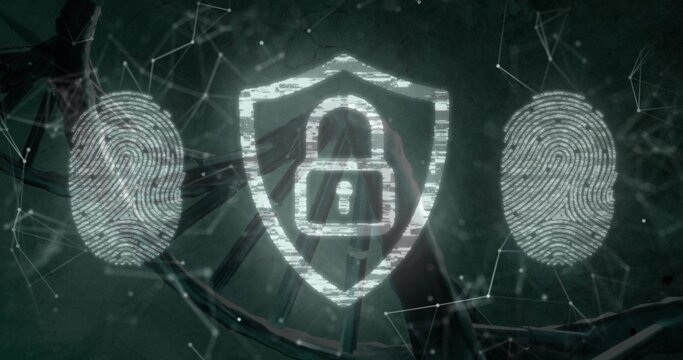 Displaying glowing central shield emblem on teal backdrop, showing padlock, fingerprints, network