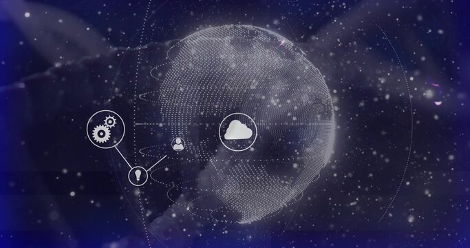 Displaying large dotted globe rotating in deep space, showing cloud, gear, idea, user icons