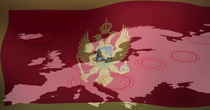 Showing crowned two-headed eagle with shield over Europe map with red markers, grid, curled edge