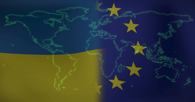 Showing split design placing neon-green map over Ukrainian blue-yellow left and EU star right seam