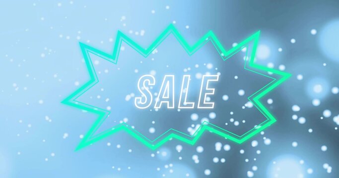 Showing neon-green jagged starburst on soft blue blur, word SALE in white outlined caps with bokeh