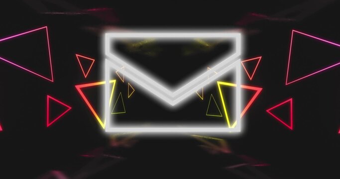Glowing white envelope floating in dark void amid colorful neon triangles, soft glow, light streaks
