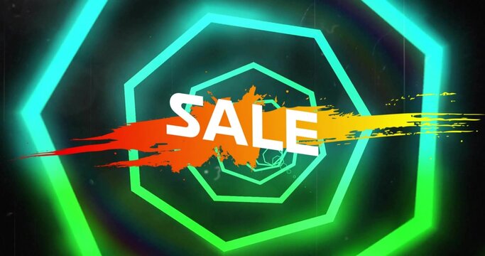 Displaying bold SALE text hovering over orange-yellow paint splash on digital ad, neon hexagons