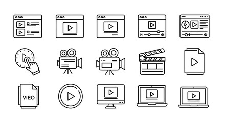 Fototapeta premium Set of video player icons, including play buttons, editing tools, and screens, perfect for web and app design
