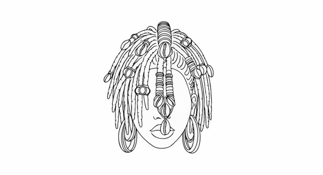 Stylized portrait of a person with elaborate dreadlocks and adornments