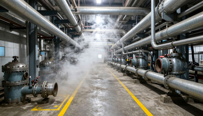 Fototapeta premium Factory corridor with pipes and cables, steam drifting from vents