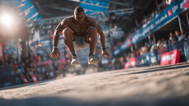 HYROX Athlete Performing Burpee Broad Jump Mid Air