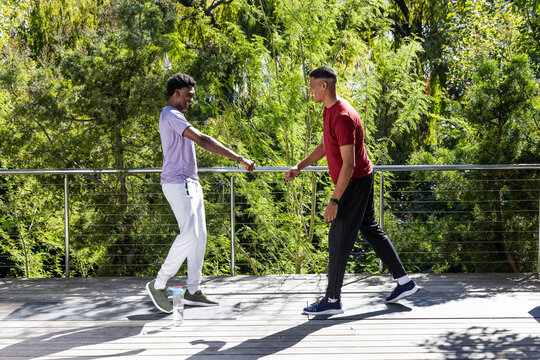 Bumping fists diverse male friends standing on wooden terrace by metal railing, with water bottle