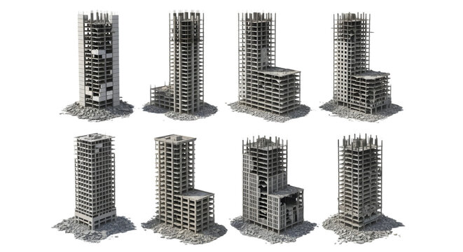 Eight different concrete skyscraper building frames under construction or demolition showing steel rebar... isolated on a transparent background