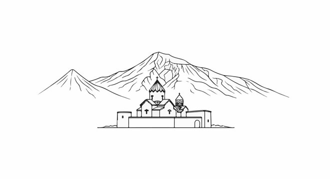 Stylized monochrome sketch of a monastery complex with domed structures and mountains
