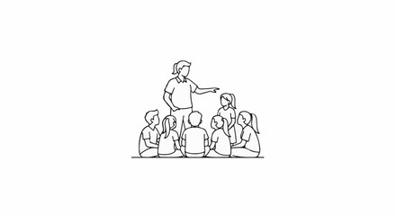Fototapeta premium Teacher pointing to students sitting in a circle on the ground