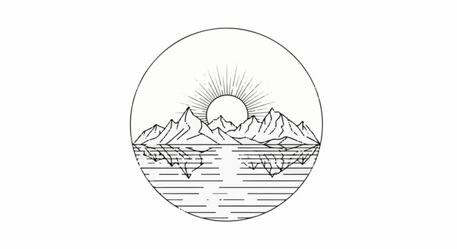 Stylized mountain range with sunburst and water reflection in circle