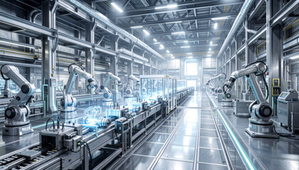 Obraz premium Modern Automated Factory: Multi-Robot Assembly Line for Precision Manufacturing