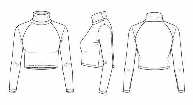 Technical sketch of a long-sleeved crop top with a mock neck