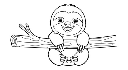 Fototapeta premium Cute baby sloth hanging on a tree branch, black and white line art, coloring page