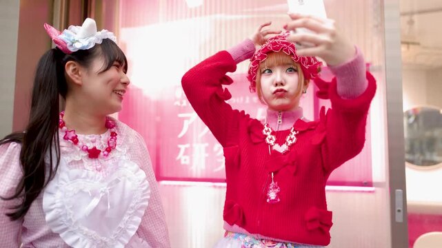 Two Young Women in Decora Fashion Taking Selfies in Harajuku Tokyo